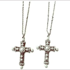 2 Long Rhinestone Pearl Cross Necklaces Silvertone